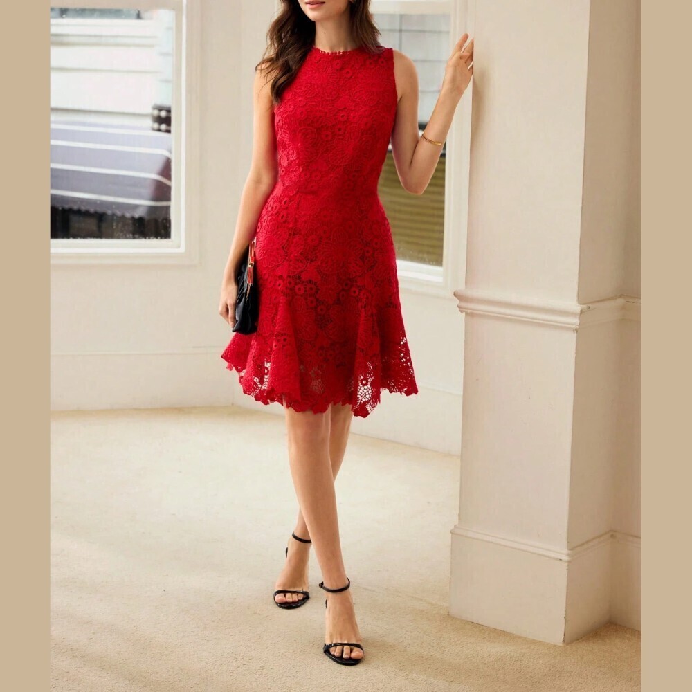 Red Floral Lace Sleeveless Scalloped Hem Fit and Flare Mini Dress
